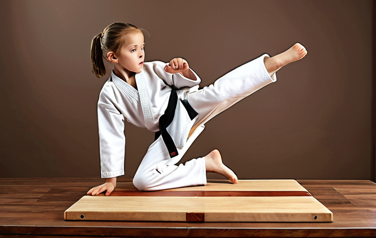 A child confidently breaking a wooden board with a taekwondo kick, showcasing focus and determination.