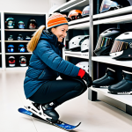 Home 10 A professional female ski enthusiast in modest, functional winter sports attire, carefully trying on a ski boot in a modern, brightly lit ski rental shop. She is in a natural pose, bending her knees slightly forward to check for heel lift and overall comfort. A polite, professional rental shop employee, also in appropriate attire, is gently assisting her with the fitting. Various helmets and goggles are displayed neatly on shelves in the background, emphasizing safety. The scene highlights the importance of personal fit. Fully clothed, appropriate attire, safe for work, perfect anatomy, correct proportions, natural pose, well-formed hands, proper finger count, natural body proportions, professional photography, high quality, family-friendly.