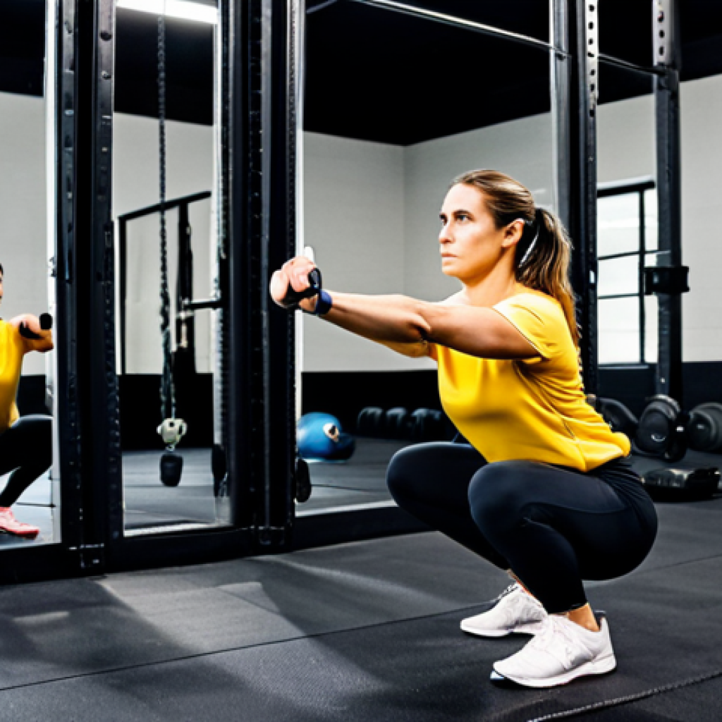 A focused female CrossFit beginner, in her early 30s, wearing modest athletic wear including a t-shirt and full-length leggings. She is diligently observing her form in a large mirror while performing a bodyweight air squat, her expression one of concentration and self-awareness. A male coach, in professional athletic attire, stands beside her, attentively providing gentle, clear guidance. The setting is a clean, well-lit CrossFit box with a spacious mirror wall. Professional fitness photography, natural lighting, high detail, sharp focus, perfect anatomy, correct proportions, natural pose, well-formed hands, proper finger count, natural body proportions, fully clothed, modest clothing, appropriate attire, professional dress, safe for work, appropriate content, family-friendly.