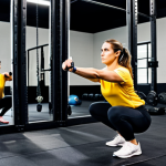 Home 9 A focused female CrossFit beginner, in her early 30s, wearing modest athletic wear including a t-shirt and full-length leggings. She is diligently observing her form in a large mirror while performing a bodyweight air squat, her expression one of concentration and self-awareness. A male coach, in professional athletic attire, stands beside her, attentively providing gentle, clear guidance. The setting is a clean, well-lit CrossFit box with a spacious mirror wall. Professional fitness photography, natural lighting, high detail, sharp focus, perfect anatomy, correct proportions, natural pose, well-formed hands, proper finger count, natural body proportions, fully clothed, modest clothing, appropriate attire, professional dress, safe for work, appropriate content, family-friendly.