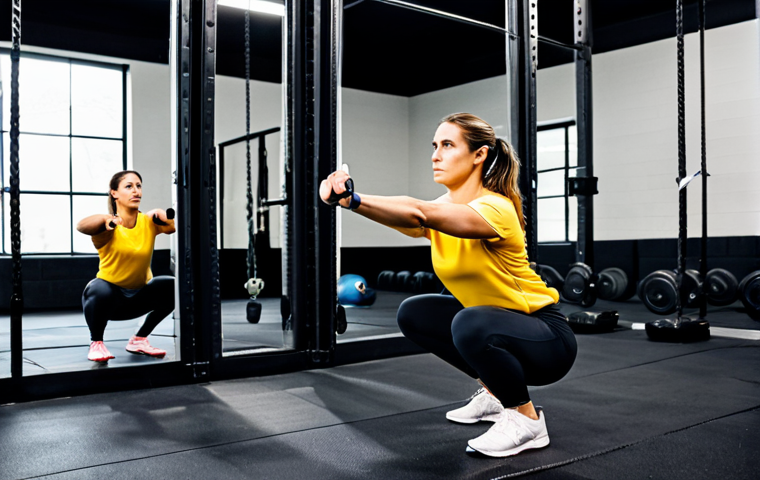 A focused female CrossFit beginner, in her early 30s, wearing modest athletic wear including a t-shirt and full-length leggings. She is diligently observing her form in a large mirror while performing a bodyweight air squat, her expression one of concentration and self-awareness. A male coach, in professional athletic attire, stands beside her, attentively providing gentle, clear guidance. The setting is a clean, well-lit CrossFit box with a spacious mirror wall. Professional fitness photography, natural lighting, high detail, sharp focus, perfect anatomy, correct proportions, natural pose, well-formed hands, proper finger count, natural body proportions, fully clothed, modest clothing, appropriate attire, professional dress, safe for work, appropriate content, family-friendly.